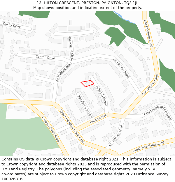 13, HILTON CRESCENT, PRESTON, PAIGNTON, TQ3 1JL: Location map and indicative extent of plot