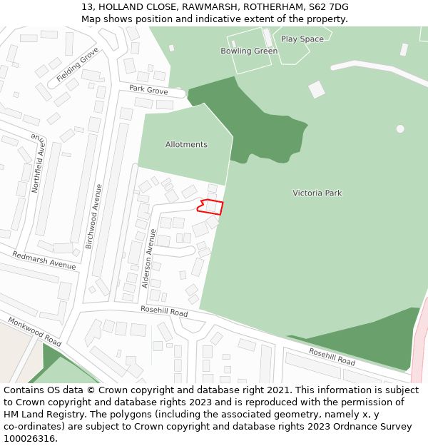 13, HOLLAND CLOSE, RAWMARSH, ROTHERHAM, S62 7DG: Location map and indicative extent of plot