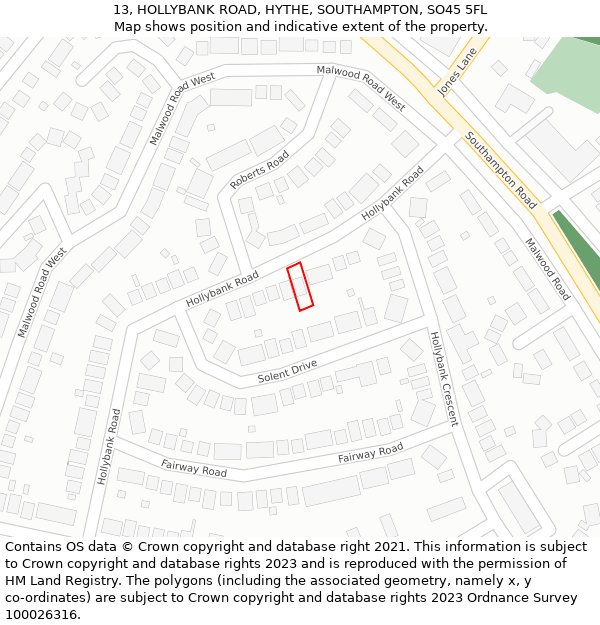 13, HOLLYBANK ROAD, HYTHE, SOUTHAMPTON, SO45 5FL: Location map and indicative extent of plot