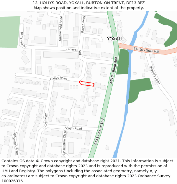 13, HOLLYS ROAD, YOXALL, BURTON-ON-TRENT, DE13 8PZ: Location map and indicative extent of plot