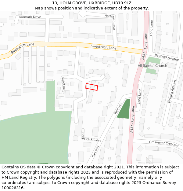 13, HOLM GROVE, UXBRIDGE, UB10 9LZ: Location map and indicative extent of plot
