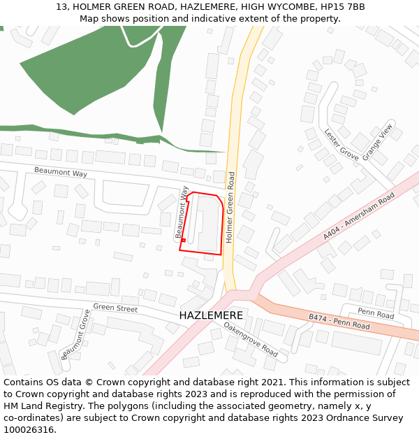 13, HOLMER GREEN ROAD, HAZLEMERE, HIGH WYCOMBE, HP15 7BB: Location map and indicative extent of plot