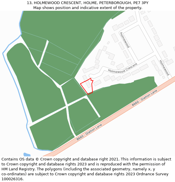 13, HOLMEWOOD CRESCENT, HOLME, PETERBOROUGH, PE7 3PY: Location map and indicative extent of plot