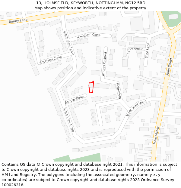 13, HOLMSFIELD, KEYWORTH, NOTTINGHAM, NG12 5RD: Location map and indicative extent of plot