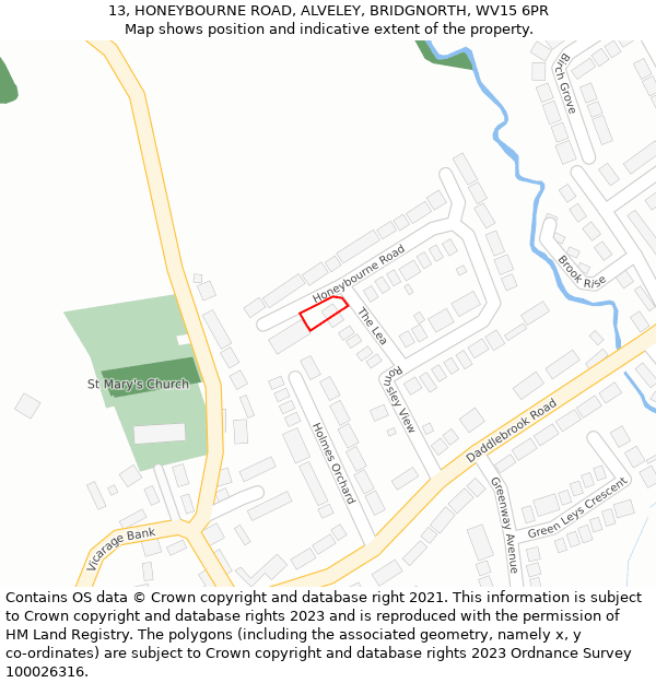 13, HONEYBOURNE ROAD, ALVELEY, BRIDGNORTH, WV15 6PR: Location map and indicative extent of plot