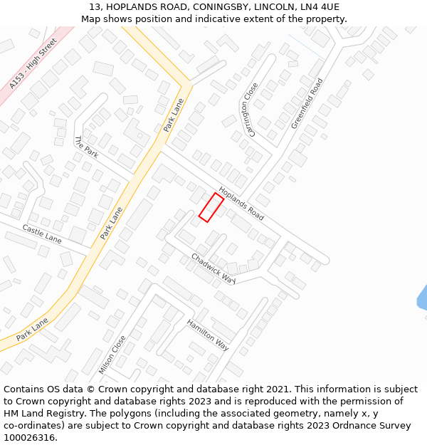 13, HOPLANDS ROAD, CONINGSBY, LINCOLN, LN4 4UE: Location map and indicative extent of plot