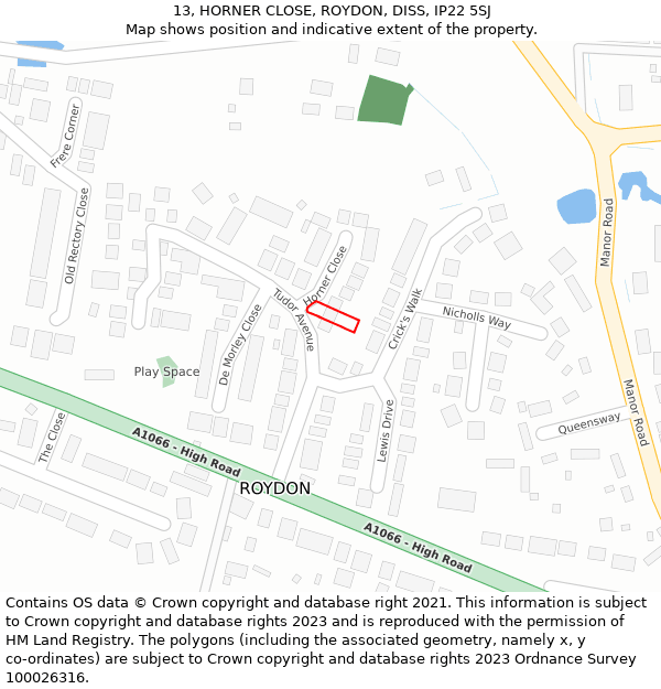 13, HORNER CLOSE, ROYDON, DISS, IP22 5SJ: Location map and indicative extent of plot