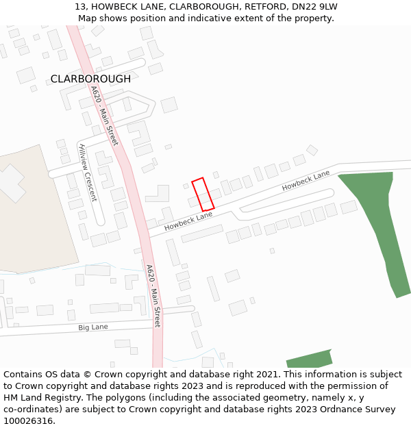 13, HOWBECK LANE, CLARBOROUGH, RETFORD, DN22 9LW: Location map and indicative extent of plot