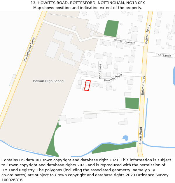 13, HOWITTS ROAD, BOTTESFORD, NOTTINGHAM, NG13 0FX: Location map and indicative extent of plot