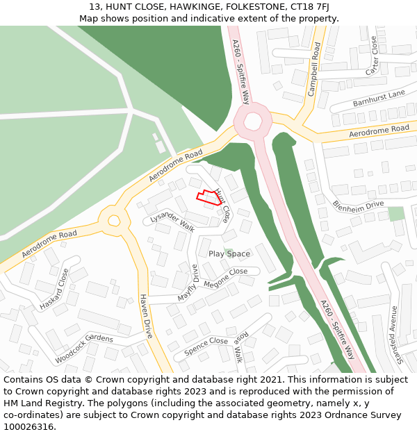 13, HUNT CLOSE, HAWKINGE, FOLKESTONE, CT18 7FJ: Location map and indicative extent of plot