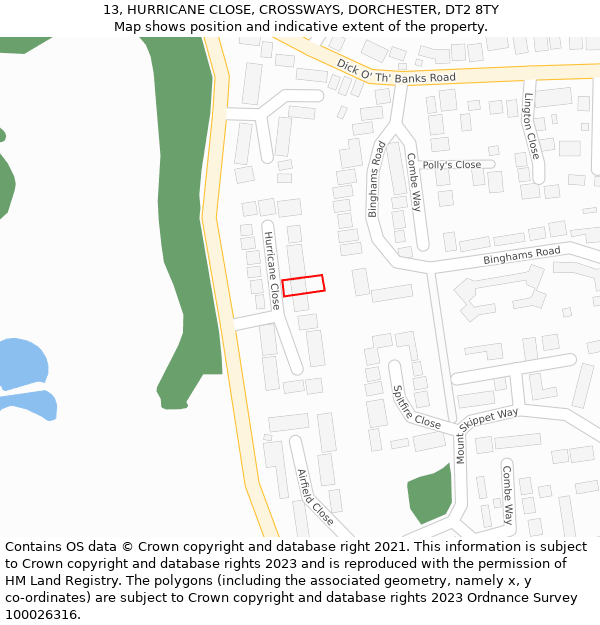 13, HURRICANE CLOSE, CROSSWAYS, DORCHESTER, DT2 8TY: Location map and indicative extent of plot