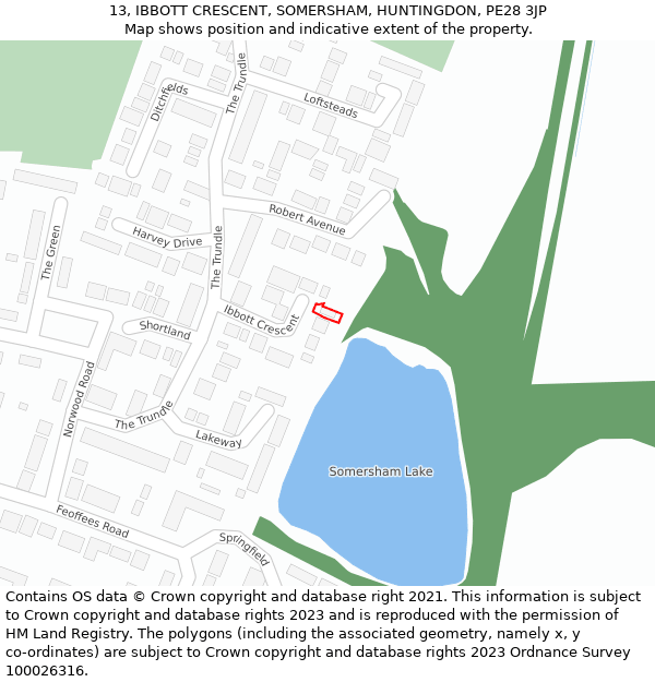 13, IBBOTT CRESCENT, SOMERSHAM, HUNTINGDON, PE28 3JP: Location map and indicative extent of plot