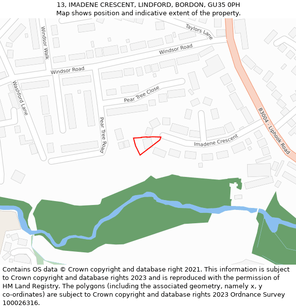 13, IMADENE CRESCENT, LINDFORD, BORDON, GU35 0PH: Location map and indicative extent of plot