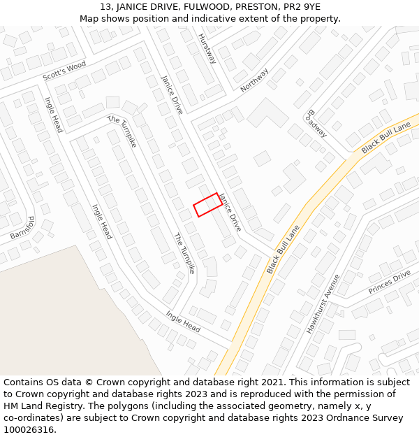 13, JANICE DRIVE, FULWOOD, PRESTON, PR2 9YE: Location map and indicative extent of plot