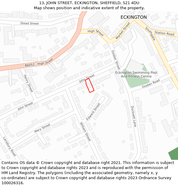 13, JOHN STREET, ECKINGTON, SHEFFIELD, S21 4DU: Location map and indicative extent of plot