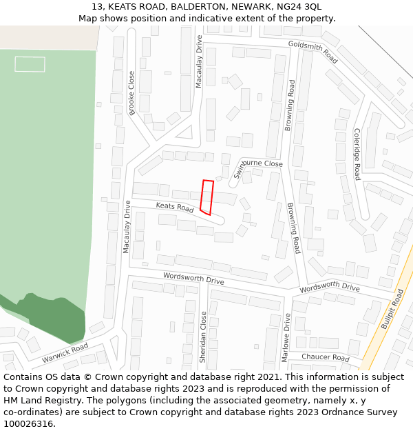 13, KEATS ROAD, BALDERTON, NEWARK, NG24 3QL: Location map and indicative extent of plot