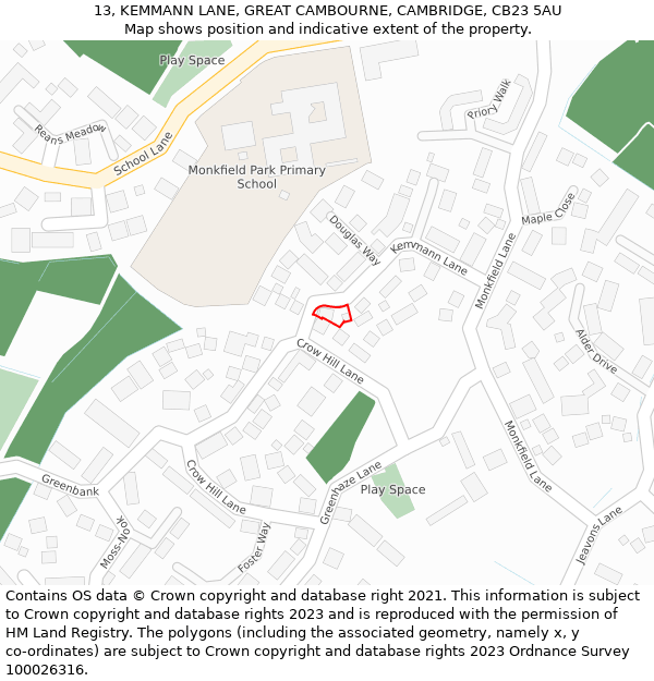 13, KEMMANN LANE, GREAT CAMBOURNE, CAMBRIDGE, CB23 5AU: Location map and indicative extent of plot