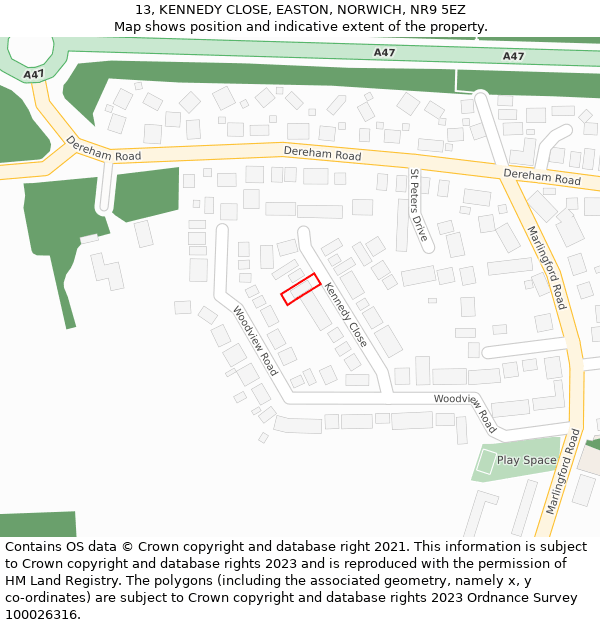 13, KENNEDY CLOSE, EASTON, NORWICH, NR9 5EZ: Location map and indicative extent of plot