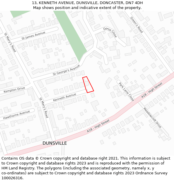 13, KENNETH AVENUE, DUNSVILLE, DONCASTER, DN7 4DH: Location map and indicative extent of plot