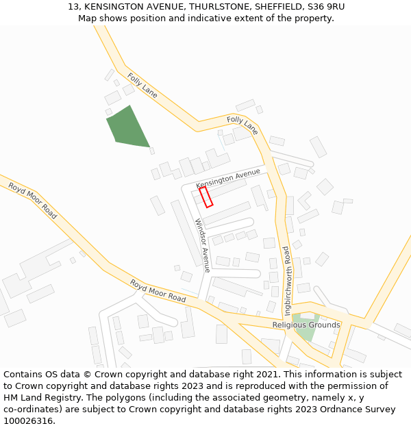 13, KENSINGTON AVENUE, THURLSTONE, SHEFFIELD, S36 9RU: Location map and indicative extent of plot