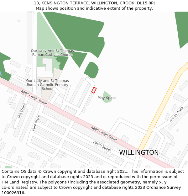 13, KENSINGTON TERRACE, WILLINGTON, CROOK, DL15 0PJ: Location map and indicative extent of plot