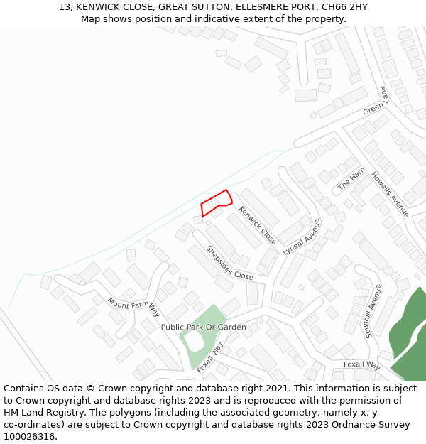 13, KENWICK CLOSE, GREAT SUTTON, ELLESMERE PORT, CH66 2HY: Location map and indicative extent of plot