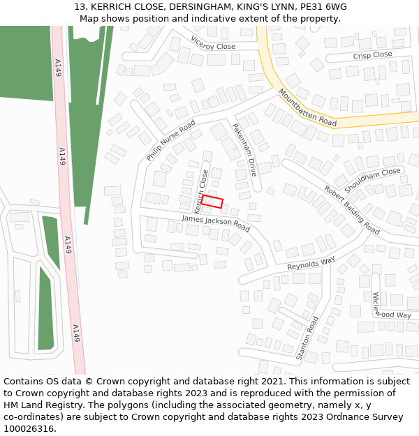 13, KERRICH CLOSE, DERSINGHAM, KING'S LYNN, PE31 6WG: Location map and indicative extent of plot
