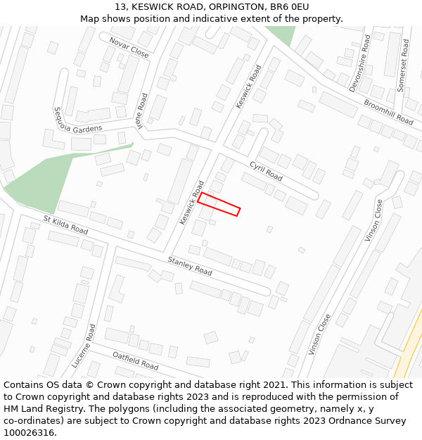 13, KESWICK ROAD, ORPINGTON, BR6 0EU: Location map and indicative extent of plot