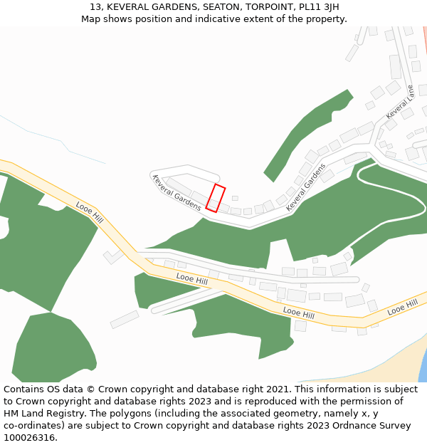 13, KEVERAL GARDENS, SEATON, TORPOINT, PL11 3JH: Location map and indicative extent of plot