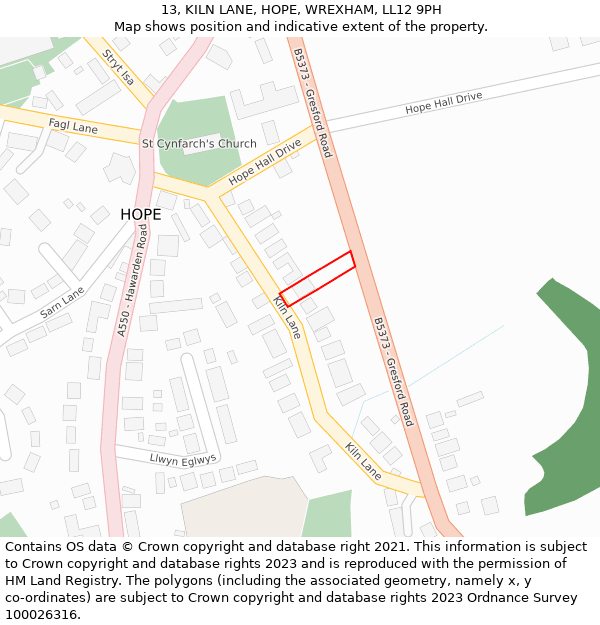 13, KILN LANE, HOPE, WREXHAM, LL12 9PH: Location map and indicative extent of plot