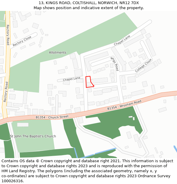 13, KINGS ROAD, COLTISHALL, NORWICH, NR12 7DX: Location map and indicative extent of plot