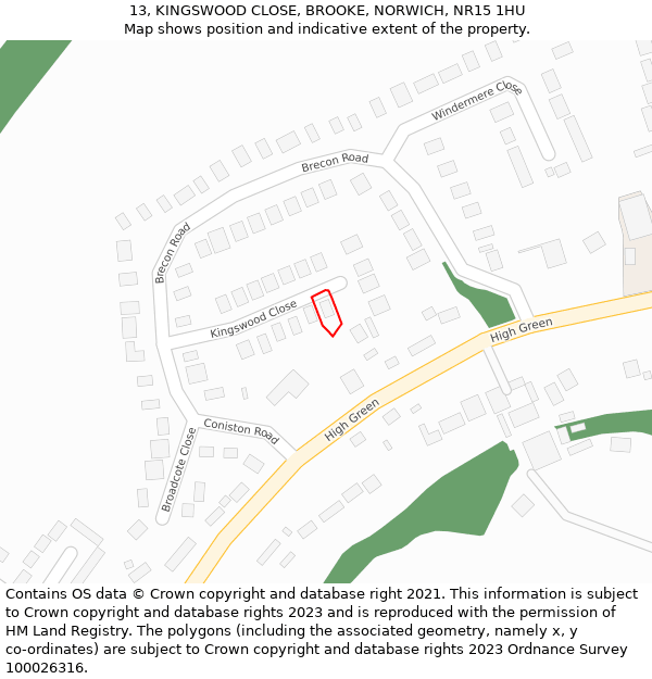 13, KINGSWOOD CLOSE, BROOKE, NORWICH, NR15 1HU: Location map and indicative extent of plot