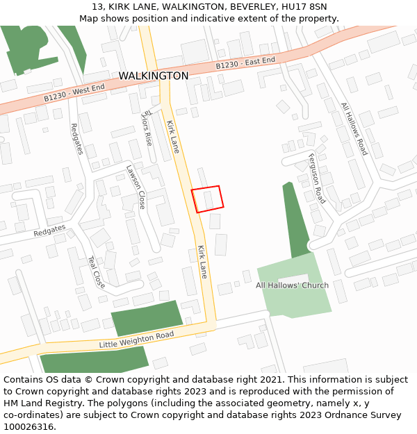 13, KIRK LANE, WALKINGTON, BEVERLEY, HU17 8SN: Location map and indicative extent of plot