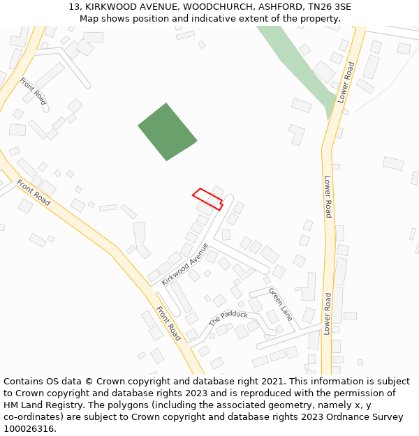 13, KIRKWOOD AVENUE, WOODCHURCH, ASHFORD, TN26 3SE: Location map and indicative extent of plot