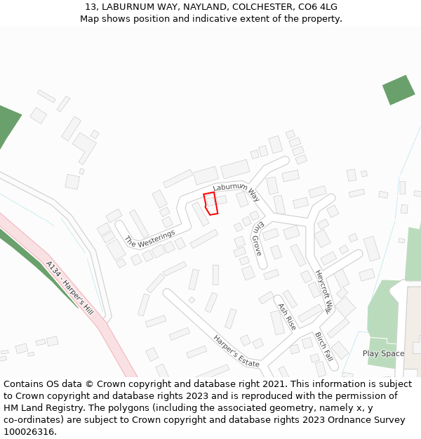 13, LABURNUM WAY, NAYLAND, COLCHESTER, CO6 4LG: Location map and indicative extent of plot