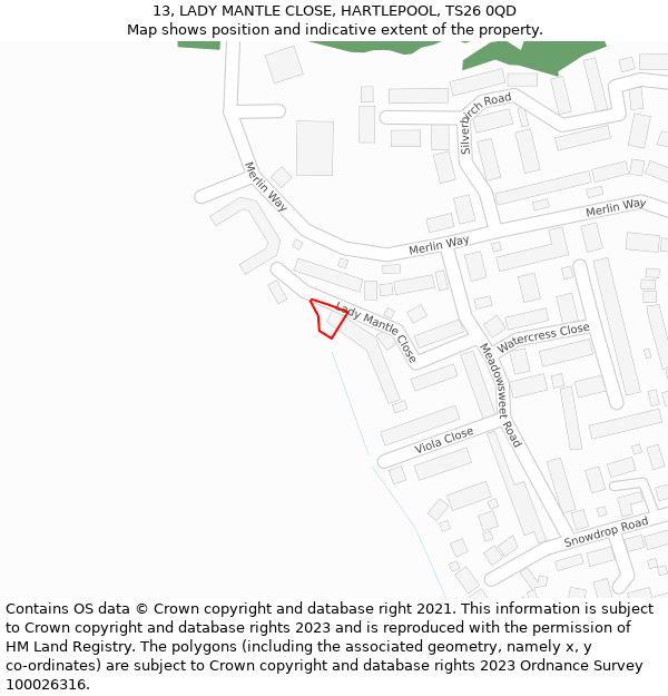 13, LADY MANTLE CLOSE, HARTLEPOOL, TS26 0QD: Location map and indicative extent of plot