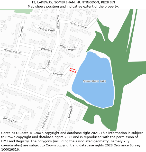 13, LAKEWAY, SOMERSHAM, HUNTINGDON, PE28 3JN: Location map and indicative extent of plot