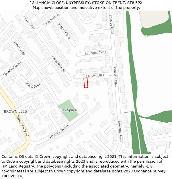 13, LANCIA CLOSE, KNYPERSLEY, STOKE-ON-TRENT, ST8 6PX: Location map and indicative extent of plot
