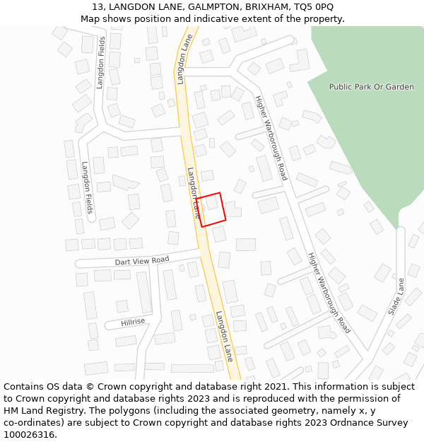 13, LANGDON LANE, GALMPTON, BRIXHAM, TQ5 0PQ: Location map and indicative extent of plot