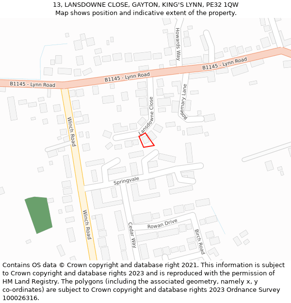 13, LANSDOWNE CLOSE, GAYTON, KING'S LYNN, PE32 1QW: Location map and indicative extent of plot