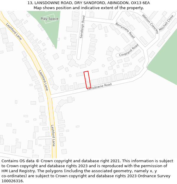 13, LANSDOWNE ROAD, DRY SANDFORD, ABINGDON, OX13 6EA: Location map and indicative extent of plot