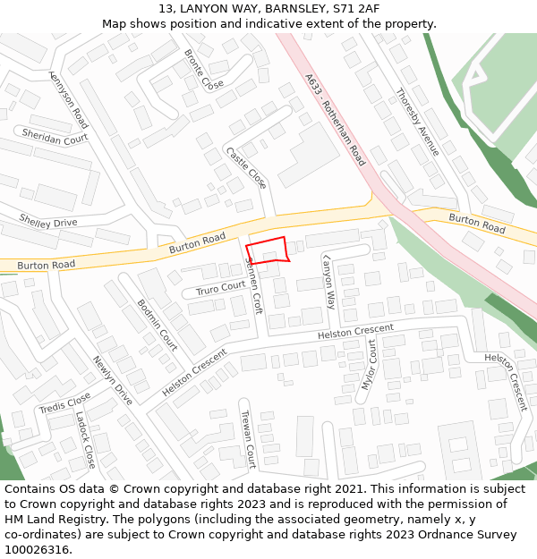 13, LANYON WAY, BARNSLEY, S71 2AF: Location map and indicative extent of plot