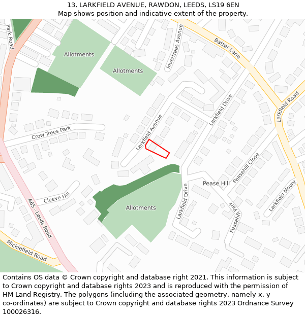 13, LARKFIELD AVENUE, RAWDON, LEEDS, LS19 6EN: Location map and indicative extent of plot