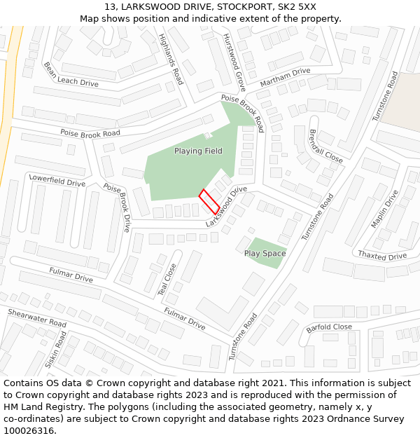 13, LARKSWOOD DRIVE, STOCKPORT, SK2 5XX: Location map and indicative extent of plot
