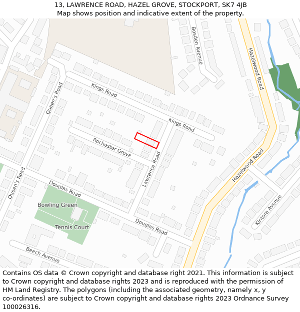 13, LAWRENCE ROAD, HAZEL GROVE, STOCKPORT, SK7 4JB: Location map and indicative extent of plot