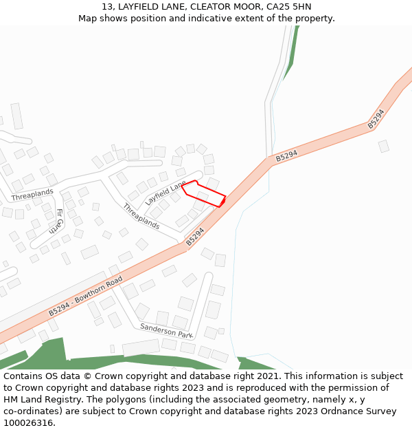 13, LAYFIELD LANE, CLEATOR MOOR, CA25 5HN: Location map and indicative extent of plot