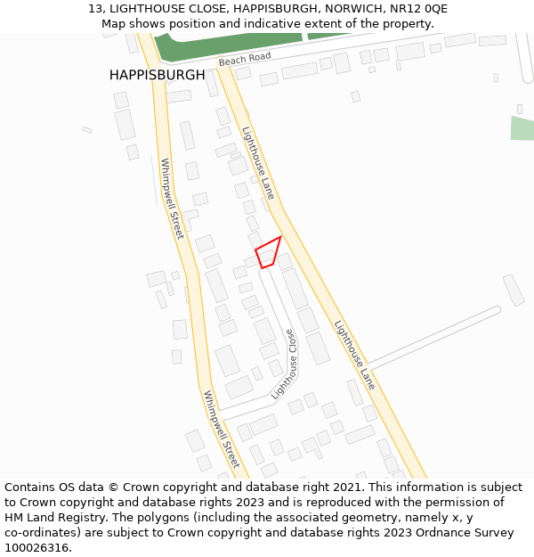 13, LIGHTHOUSE CLOSE, HAPPISBURGH, NORWICH, NR12 0QE: Location map and indicative extent of plot