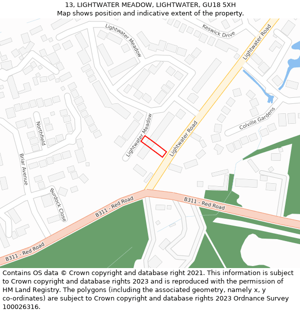 13, LIGHTWATER MEADOW, LIGHTWATER, GU18 5XH: Location map and indicative extent of plot