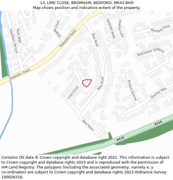 13, LIME CLOSE, BROMHAM, BEDFORD, MK43 8HD: Location map and indicative extent of plot