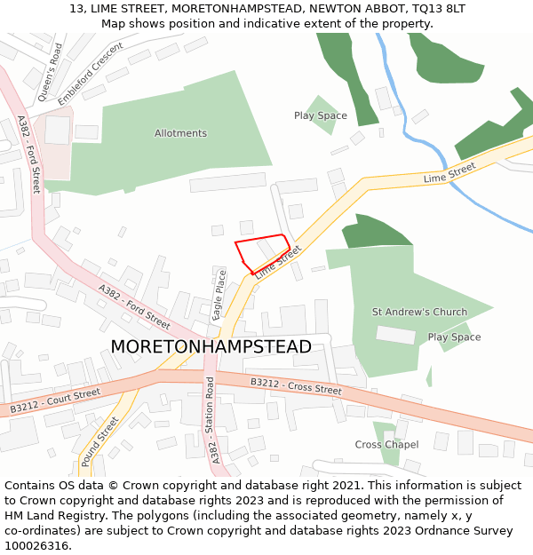 13, LIME STREET, MORETONHAMPSTEAD, NEWTON ABBOT, TQ13 8LT: Location map and indicative extent of plot